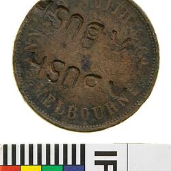 Surcharged Token - 1 Penny, Annand, Smith & Co, Family Grocers, Melbourne, 1851 stamped 'A.Bush', Melbourne, Victoria, Austalia, circa 1856