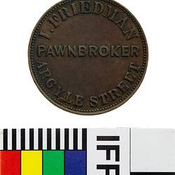 Token - Halfpenny, I. Friedman, Pawnbroker, Hobart, Tasmania, Australia, 1857