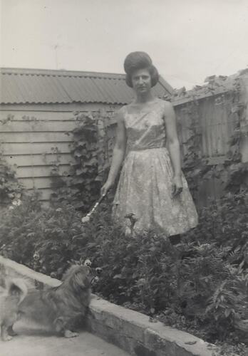 Digital Photograph - Woman Standing in Vegetable Garden with Dog, North Melbourne, circa 1963