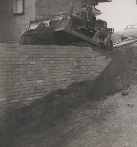 Digital Photograph - Man & Bulldozer Moving Earth, House Building Site, Greensborough, circa 1959