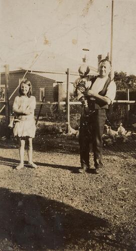 Digital Photograph - Girl & Man Holding Infant Boy, Standing Outside Chicken Run, Pascoe Vale, circa 1930