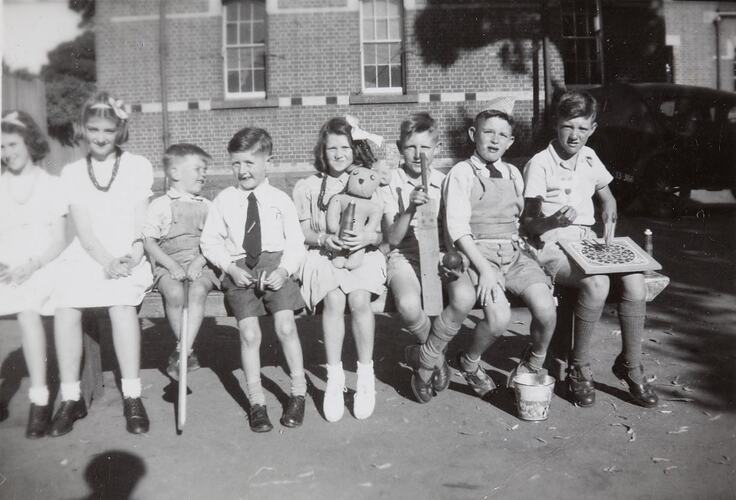 Digital Photograph - Five Boys & Three Girls Sitting on Bench, Family Christmas Party, South Yarra Primary School, 1945