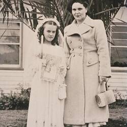 Digital Photograph - Girl Dressed for First Communion with Mother, Midway Migrant Hostel, Maribyrnong, 1950
