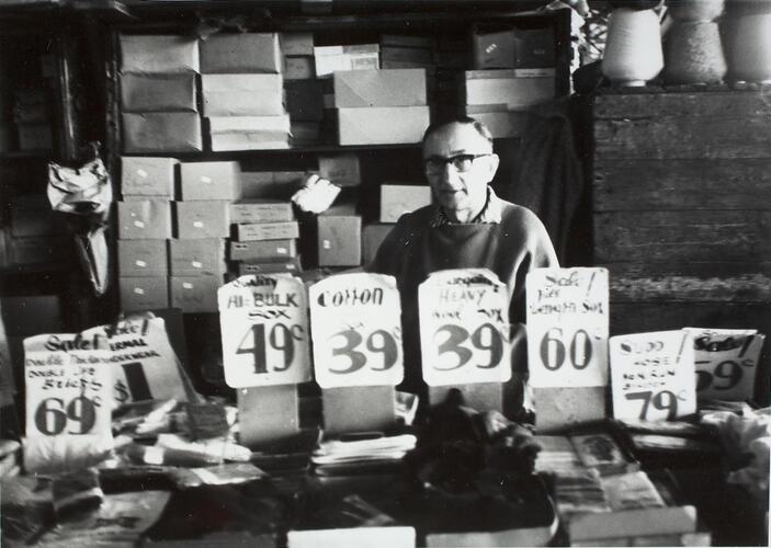 Digital Photograph - Stall Holder at Sock Stall, Queen Victoria Market, Melbourne, 1969