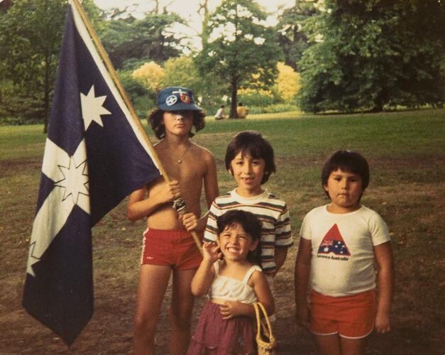 Digital Photograph - Children with Eureka Flag on Australia Day, Fitzroy Gardens, Melbourne, Victoria, 1981