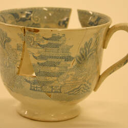 Tea Cup - Whiteware, Blue Transfer-printed, Two Temples Pattern, England (Fragment)
