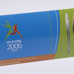 Five dollar Commemorative coin for M2006 Commonwealth Games Queens Baton relay, Australia 2005 (with packaging). Reverse
