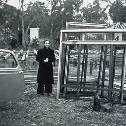 Man Standing by Window Frames, First Home Building Site, Nunawading, 1952