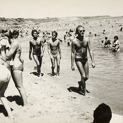 Men Walking Through Crowd at Abbott Street Beach, Sandringham, 1970. The place to be seen.