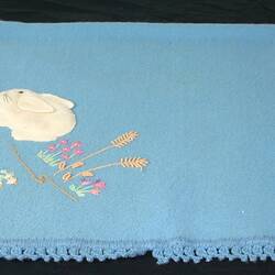 Baby Blanket - Appliqued and Embroidered, Blue Wool, circa 1950s