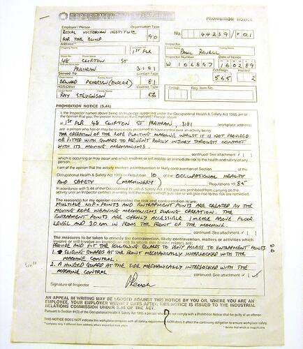 Reference image of SH 931301 Leaflet - Department of Labour, Prohibition Notice