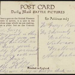 Reverse of a Postcard - Private Albert Edward Kemp to his son George Kemp, 'A British Heavy Gun in Action', 1917