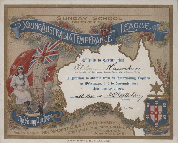 Certificate - Young Australia Temperance League, 1913