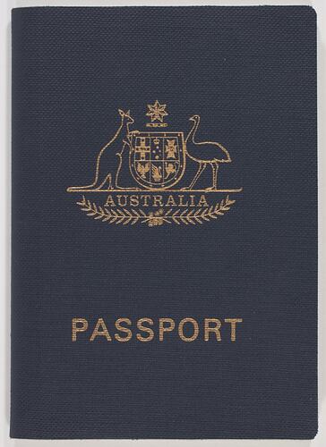 Blue cover with gold stamped coat of arms and 'Australia Passport'.