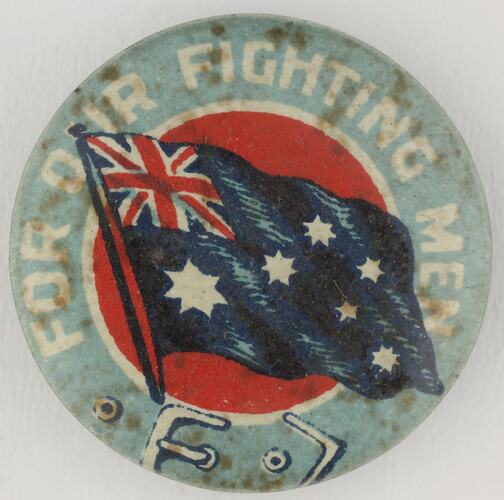 Round patriotic badge with Australian flag.