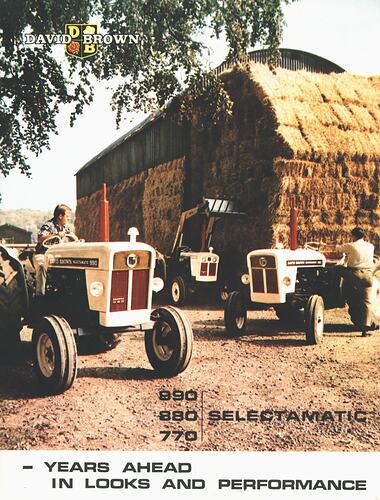 Cover of leaflet showing tractors and hay bales.