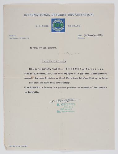 Certificate - International Refugee Organization, 1949