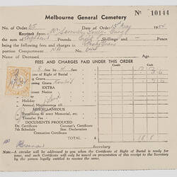 Receipt - Melbourne General Cemetery, Issued to Samuel Louey Gung, 13 Mar 1954