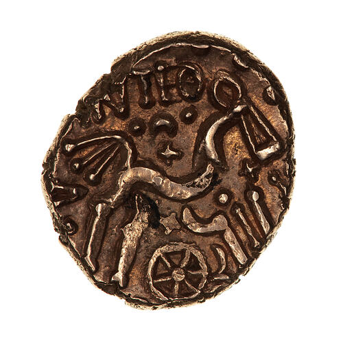 Coin, irregular, crude horse to right; above, text '[A]NTEO'; below, a wheel.