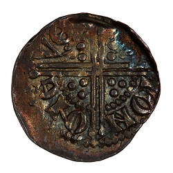 Coin, round, long cross voided which breaks through a beaded circle, a quatrefoil in each angle; text around.