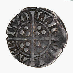 Coin, round, long cross with three beads in the angles; around outside a circle of beads, VILL ABR ISTO LLIE.