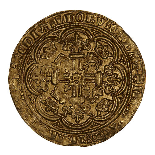 Coin, round, at centre, the letter E above a floriated cross. In each angle, a Lion passant below a crown.