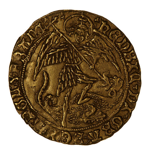 Coin, round, male standing facing with one foot on a dragon which he is spearing in the mouth; text around.