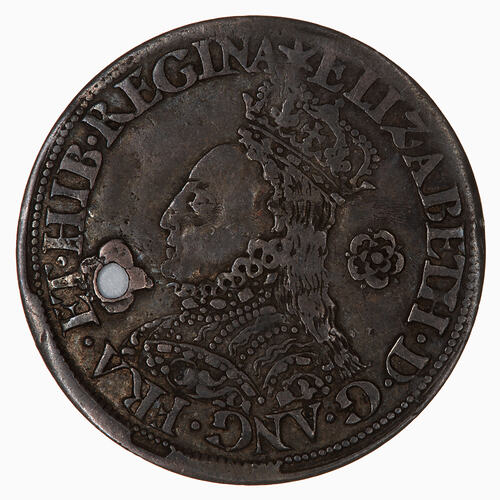 Coin, round, Crowned bust of the Queen, wearing ruff and embroidered dress facing left; behind, rose; text aro