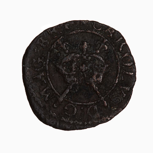 Token, round, at centre within a line circle, a crown with crossed sceptres behind; text around.