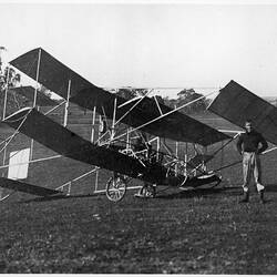 Negative - John Duigan in Front of the Damaged Biplane After a Heavy Landing at Spring Plains, Mia Mia, Victoria, Aug 1910