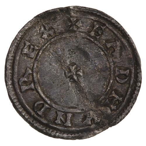 Coin, round, small cross pattee at the centre within a line circle, around, + EADMVND REX.