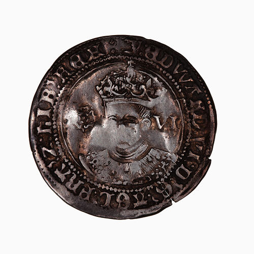 Coin, round, Crowned bust of the King facing with rose at left and denomination in pence, VI, at right.