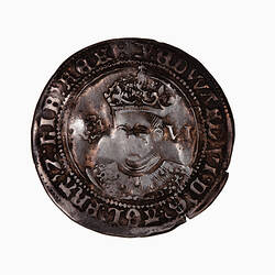 Coin, round, Crowned bust of the King facing with rose at left and denomination in pence, VI, at right.
