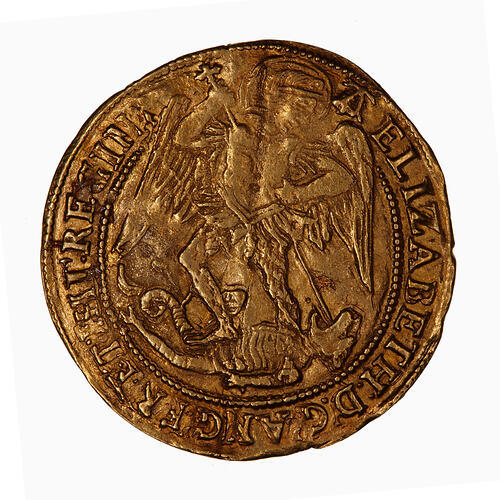 Coin, round, at centre, man piercing dragon in the mouth, his right foot on the dragon, its wings spread.