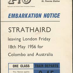 Leaflet - RMS Strathaird, P&O Line, Embarkation Notice, 1956