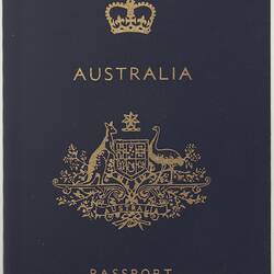 Blue passport cover with gold stamped coat of arms and text 'Australia Passport. 'B' in top left corner.
