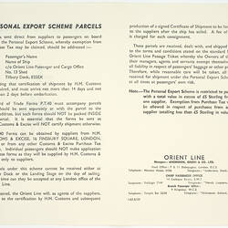 Booklet - Personal Export Scheme Parcels, Orient Line, 1954