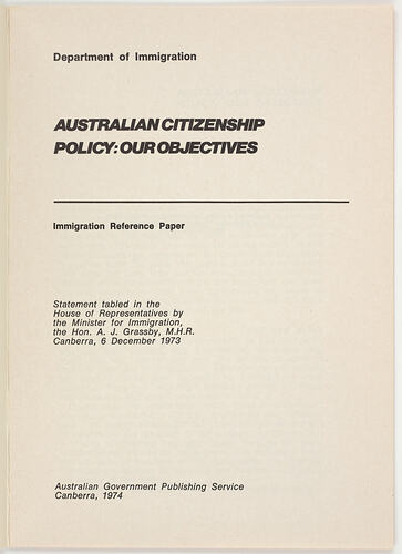 Booklet - Australian Citizenship Policy: Our Objectives, 1974