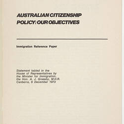 Booklet - Australian Citizenship Policy: Our Objectives, 1974