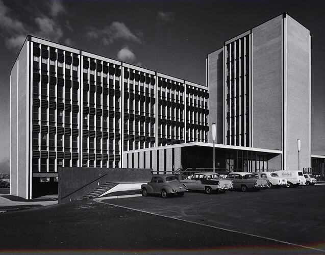 Photograph - Kodak Australasia Pty Ltd, Exterior View of Building 8 and Car Park, Head Office & Sales & Marketing at the Kodak Factory, Coburg, 1964