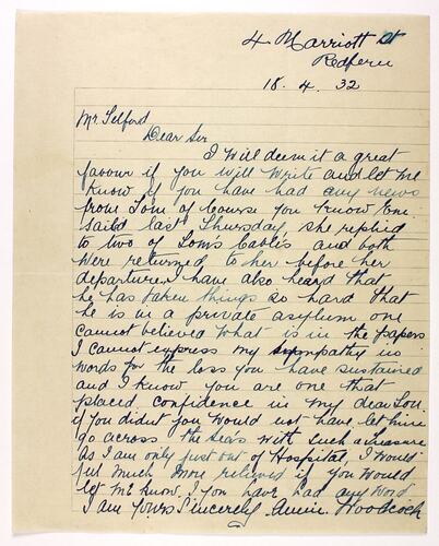 Letter - Annie Woodcock to Telford, Phar Lap's Death, 18 April 1932