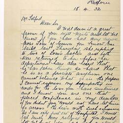 Letter - Annie Woodcock to Telford, Phar Lap's Death, 18 Apr 1932