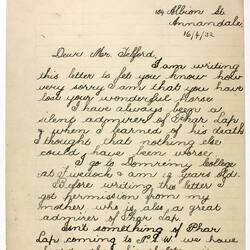 Letter - Best to Telford, Phar Lap's Death, 16 Apr 1932