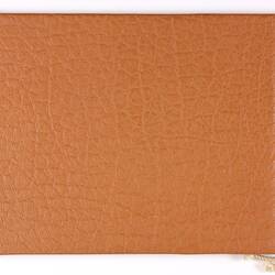 Leather-look plastic cover of a photograph album, bound with cream string.