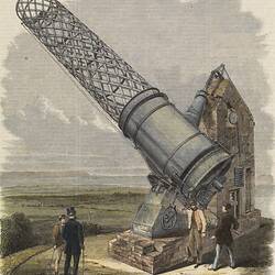 Colour illustration of Great Melbourne Telescope. Open green setting, four figures stand near by.