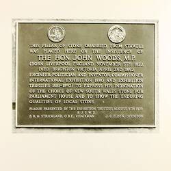 Photograph - Plaque Commemorating the erection of the Hon. John Woods Stone Pillar, Royal Exhibition Building, Melbourne, 9 Aug 1979- Seal of the Exhibition Trustees, Royal Exhibition Building, Melbourne, circa 1980