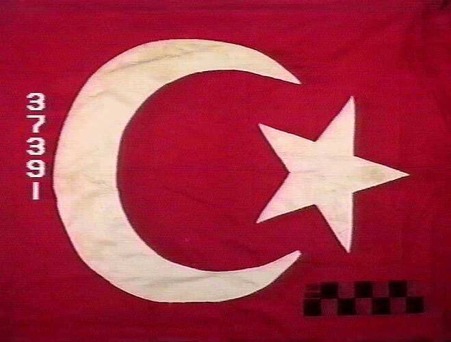 Flag with crimson field and white star and crescent.