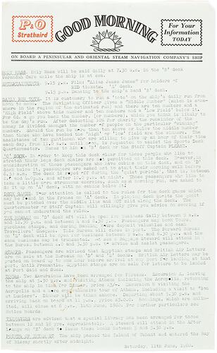 Newsletter - 'Good Morning', P&O Lines, Strathaird, 11 Jun 1960
