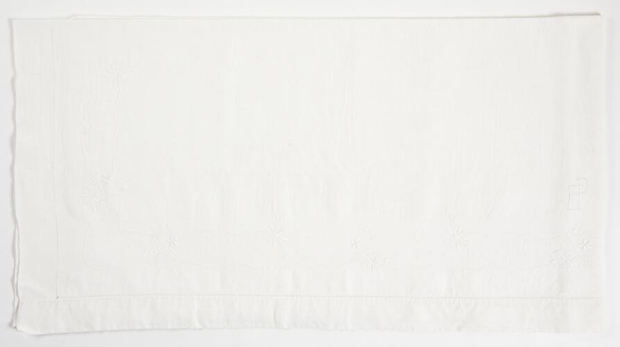 Sheet - Monogrammed, Embroidered White Cotton, circa 1940s