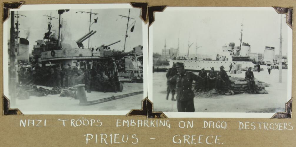 Left image of soldiers in front of a tank, right image of soldiers sitting on sandbags in front of ship.